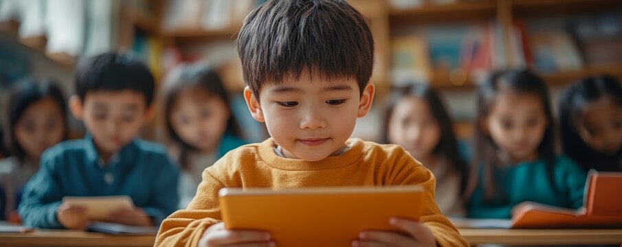 A young boy in a classroom using a tablet with other students visible in the background focused on devices