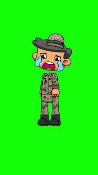 Crying Army Soldier Cartoon, Cute Chibi with Big Tears Animation