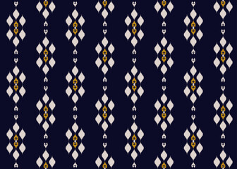 Ikat pattern on dark blue background.Beige and gold diamond pattern.Diamond shape.Geometric shape.Digital design.Ethnic.Illustration.Line.Vertical pattern Design for clot