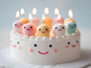 Birthday cake with smiling - faced candle toppers.