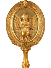 Isolated Golden Hand Mirror with Angel Relief