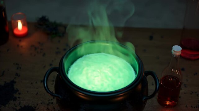 Mysterious cauldron bubbling with green mist surrounded by candles and potion bottles in a dimly lit setting