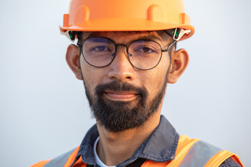 Portrait of handsome bearded young engineer wearing a hard hat and glasses stands on wind farm