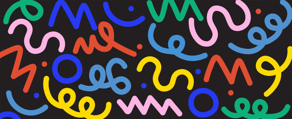 Memphis seamless geometric pattern. Multicolored abstract background in retro style of the 80s, 90s with various shapes: circles, dots, zigzags, spirals, wavy lines. eps 10