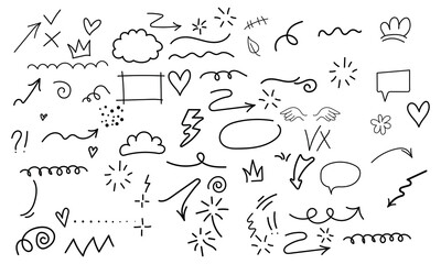 Hand drawn marker simple elements set design. Hand drawn arrows. Sketch pencil stroke vector, grunge doodle underlines scribble icon, emphasis, speech bubbles, arrows and shapes. Vector illustration. 