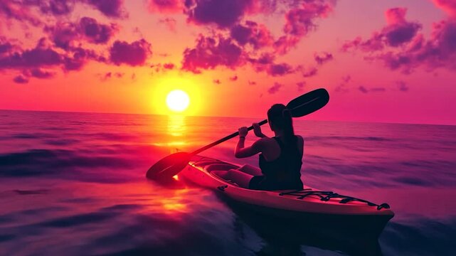 Silhouette of a woman kayaking at sunset