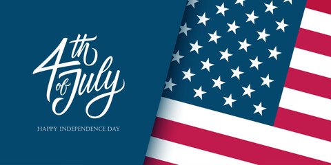 4th of July. Happy Independence Day festive banner with hand lettering and American flag. United States national holiday. Vector illustration.