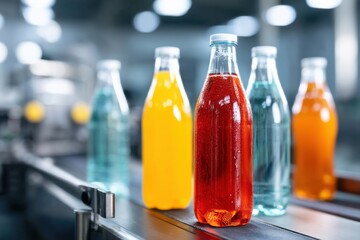 Bright factory environment for producing colorful soft drinks with efficient machinery and vibrant bottles