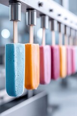 Production process highlighting vibrant ice cream bars in a cheerful factory setting
