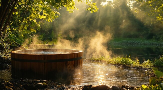 Wooden hot tub bathed in morning sunlight, steam rising, tranquil forest setting