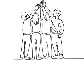 Obraz premium Diverse group of young people raising hands in continuous one line art style, symbolizing unity, hope, and empowerment for Youth Day