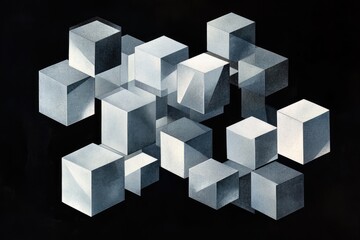 Obraz premium Abstract geometric composition of overlapping cubes in shades of gray and white