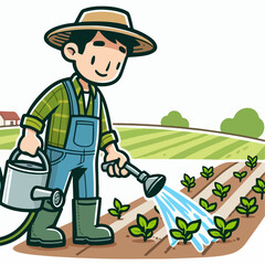 Obraz premium cartoon vector illustration of farmer watering plants