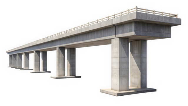 A modern concrete overpass showcasing its sturdy design, with multiple support columns and a clean, utilitarian finish against a white background.