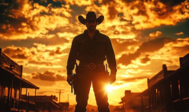A cowboy standing in a western town at sunset with a dramatic sky and buildings in the background