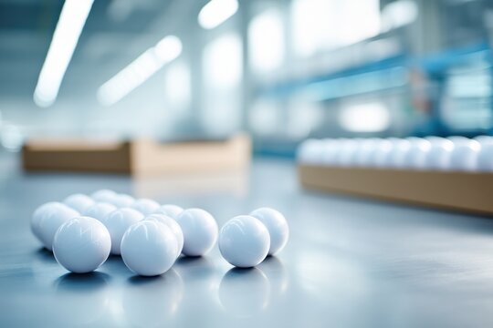Finished ping pong balls in a modern production area with ample branding space