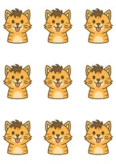 Fototapeta premium A repeating pattern of cute orange cartoon cat faces with hair and tongue out, in various slight expressions