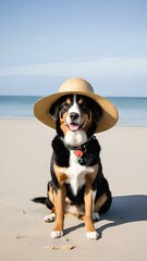 dog in the hat on the beach