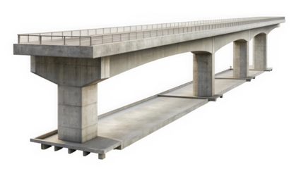 A sturdy concrete bridge structure under construction, showcasing a modern design with strong arches and a minimalistic approach, surrounded by a clear blue sky.