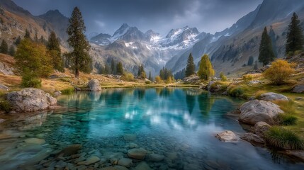Fototapeta premium Alpine Lake Reflection with Mountains, and Autumn Landscape.