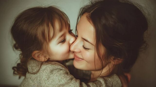 Mother daughter embrace happily portrait, friendship. Joyful mom, kid, love and connection. Cozy home. Childhood, motherhood. Loving family, happiness. Smiling mum and her little child hug, kiss cheek