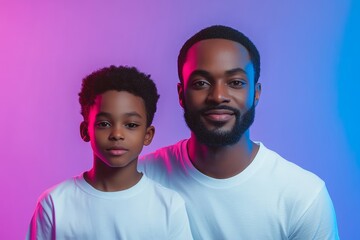 A father and son in white shirts posing together against a colorful neon background in a studio