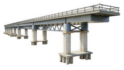 A modern, elevated concrete bridge structure showcasing a robust design and sturdy supports, ideal for transportation. Its sleek lines and support pillars create an industrial aesthetic.
