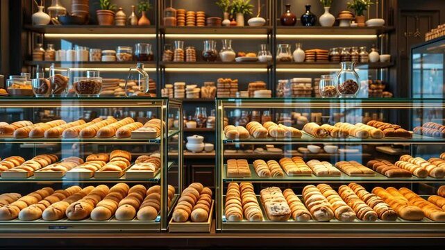 Display cases filled with pastries and shelves with jars in a bakery shop interior view