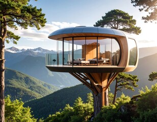 Modern treehouse nestled in mountains