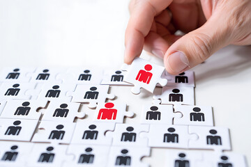 Human resources and recruitment concept hand placing a puzzle piece into a team formation representing the hiring process