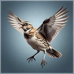 A detailed illustration depicts a lark like bird with its wings spread wide captured mid flight against a soft blue background