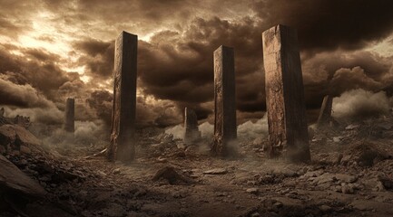 Grim, desolate landscape with weathered wooden pillars amidst debris