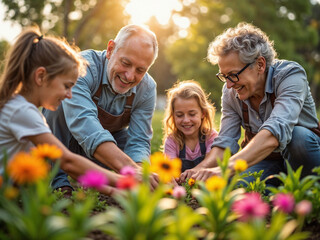 Grandparents and grandchildren planting flowers together in garden  