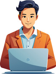  guy working with his laptop, do not show face just a body figure, white background