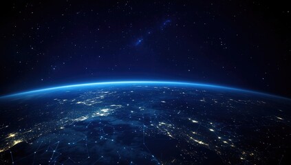 Obraz premium Earth at night, network of connections. Vast dark space above, dotted with stars. A vibrant blue-toned Earth, with visible city lights and connecting lines