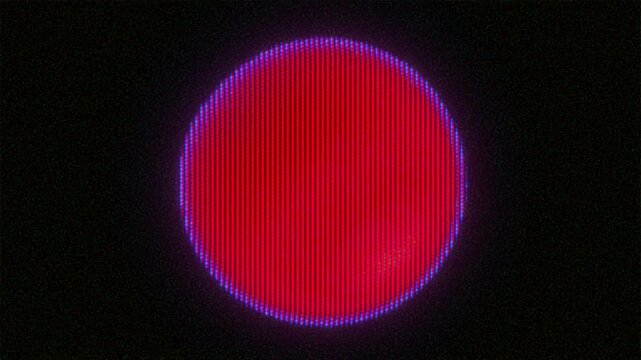 4K Seamless loop of glowing red circle with purple CRT halo and pixel scanlines, analog glitch flicker for motion graphics overlay, screen mode, cyberpunk minimalism and tech interface aesthetic