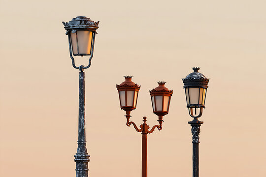 Three ornate vintage street lamps at sunset