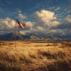 American flag waving in golden field with mountain landscape