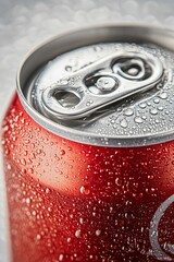 Close up of a red soda can with water droplets on the surface and a silver top and opening mechanism