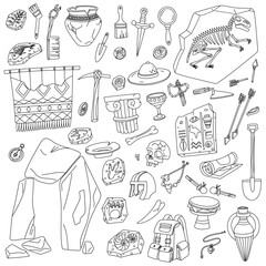 set of doodle illustrations of archaeological objects. Collection of historical finds is monochrome. For educational projects, infographics, books, presentations, design on historical topics