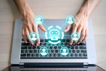 Hands using laptop connecting artificial intelligence bot and digital network of users for innovative interactions
