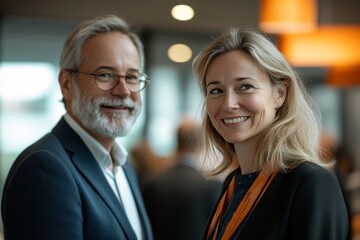 A man with glasses and a beard and a woman smiling in a business setting with orange accents