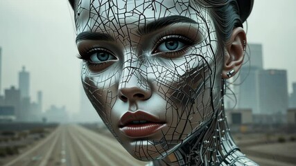 Close-up of cyberpunk woman with metallic facial patterns and glowing blue eyes on soft industrial background. Concept of human-machine fusion and futuristic identity - Powered by Adobe