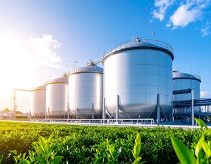 Industrial storage tanks bathed in sunlight