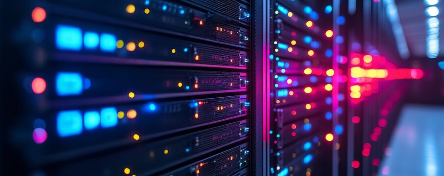 Close up view of server racks with blinking lights and data cables in a dark server room setting