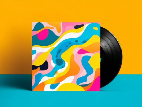 Vinyl Record with Abstract Art Cover on Colorful Background, Music, Album
