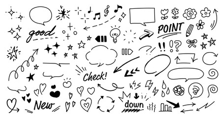 手描きの装飾セット。かわいい線画。ふきだし、矢印、星、ハートなど。ペンで描いた感情のアイコン。