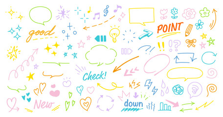 手描きの装飾セット。かわいい線画。ふきだし、矢印、星、ハートなど。ペンで描いた感情のアイコン。