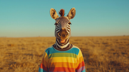 Stylish zebra in a colorful striped shirt standing in a golden field under soft sunset light. A whimsical, anthropomorphic animal portrait ideal for fashion, editorial, or children’s content.

