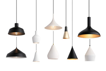 Set of different modern hanging lamps on white background. 